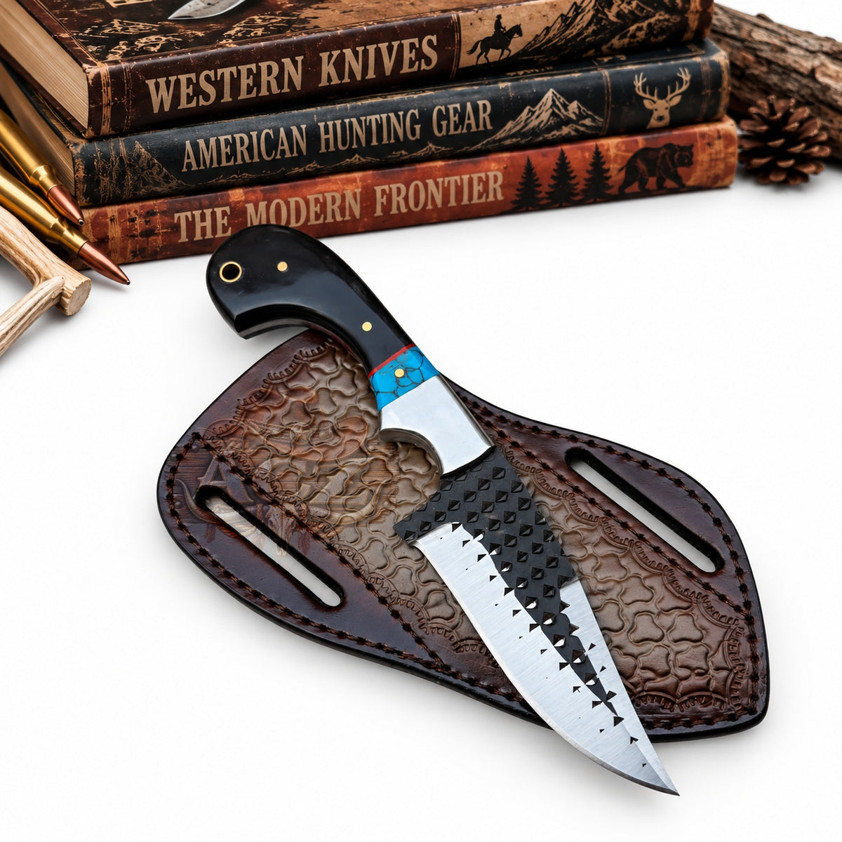 Western Cowboy Rasp Steel Knife – 8" Black Horn & Blue Stone Handle