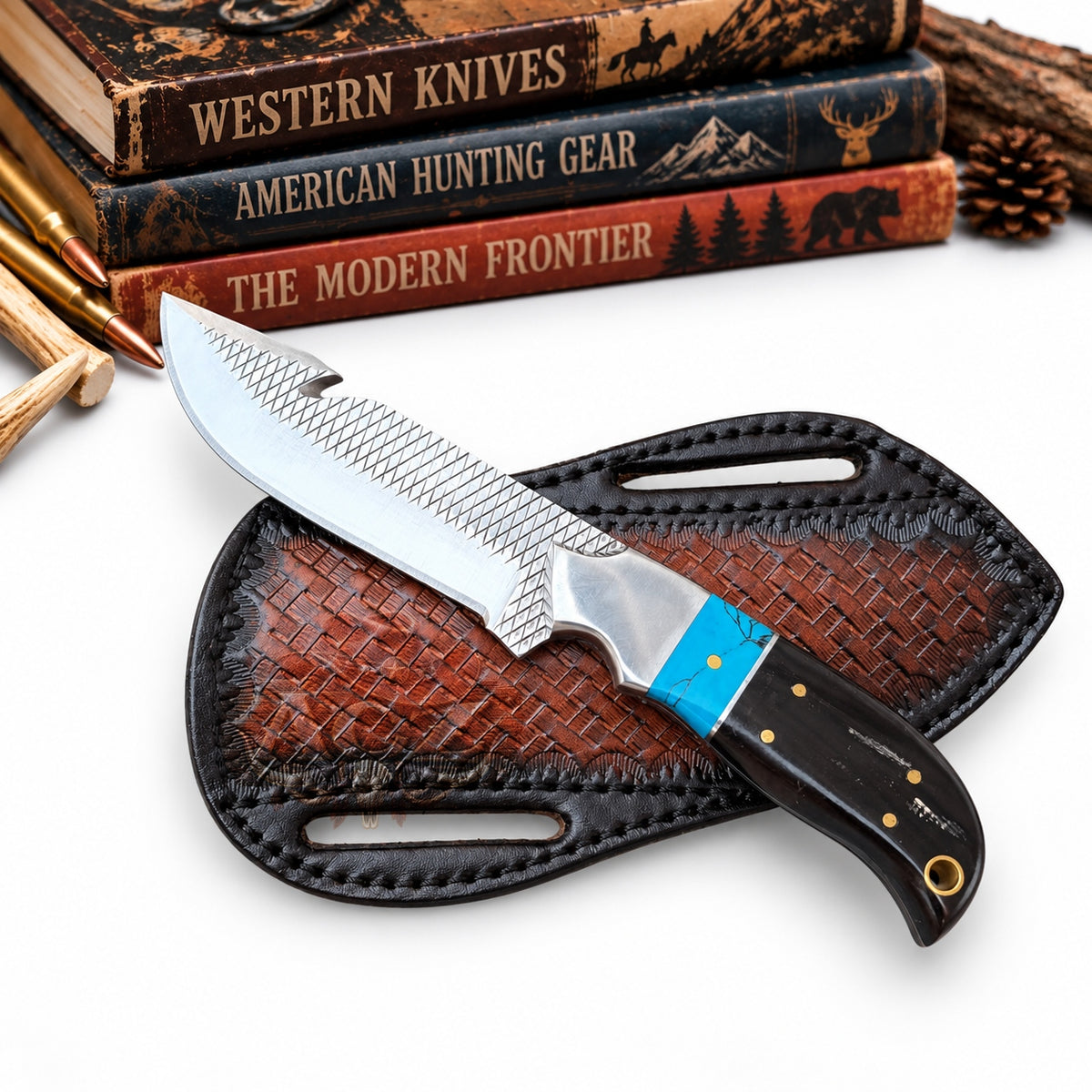 Western Cowboy Gut Hook Rasp Steel Knife – 8" Black Horn & Blue Stone