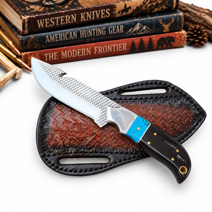 Western Cowboy Gut Hook Rasp Steel Knife – 8" Black Horn & Blue Stone