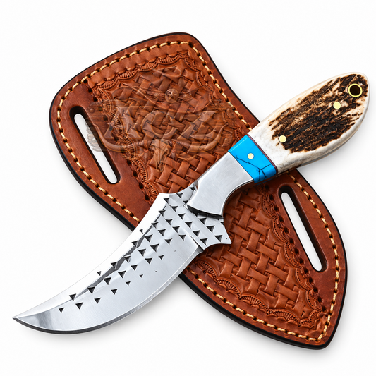 8" Handcrafted Rasp File Steel Field Tool Antler & Turquoise Handle - Leather Sheath