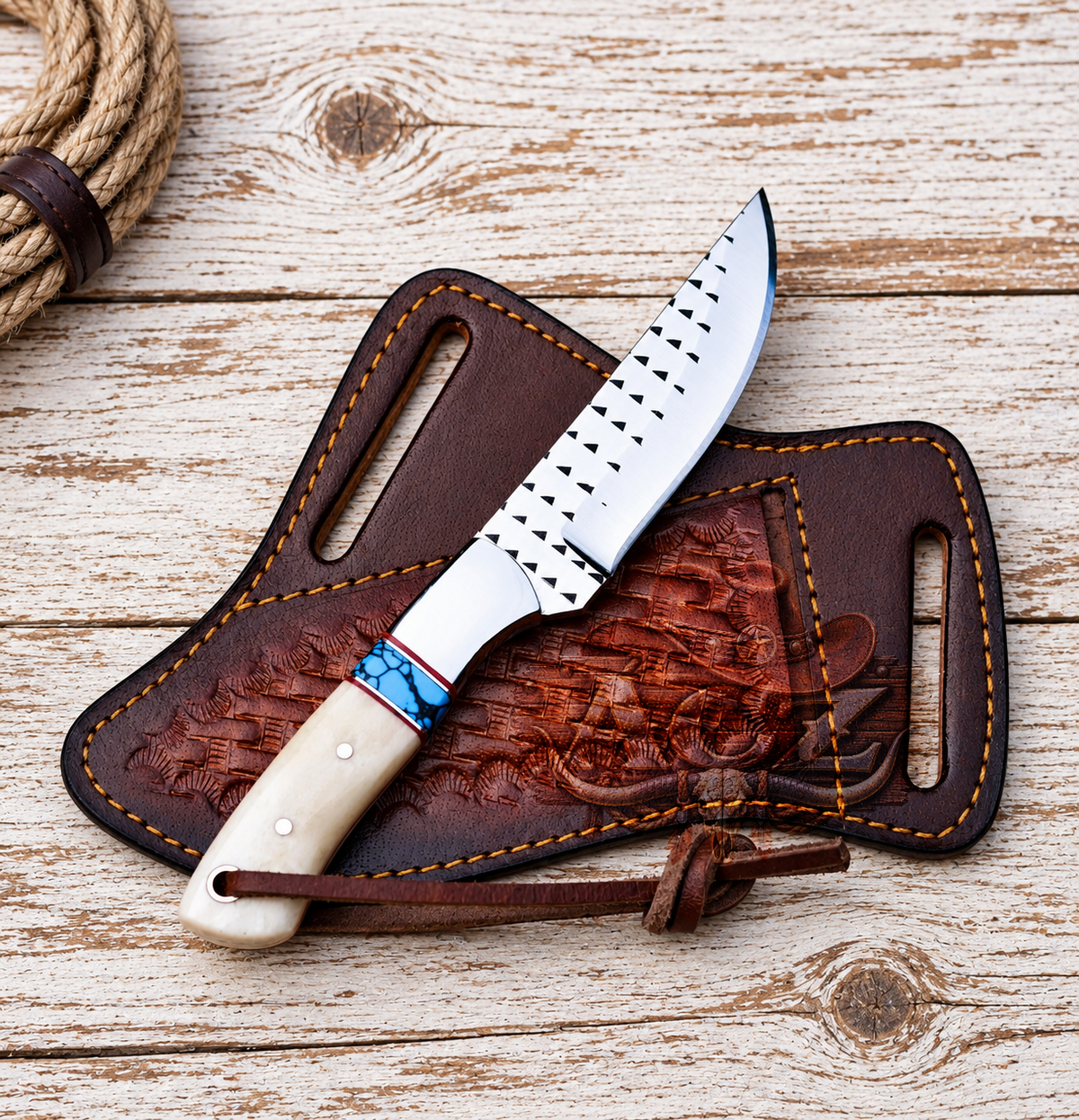 A fixed-blade knife with a silver blade, black dotted guard, and cream handle with turquoise accents, resting on a brown embossed leather sheath over a rustic whitewashed wood background.