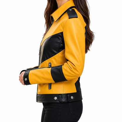 Women’s Yellow and Black Leather Biker Jacket – Bold Colorblock Motorcycle Jacket