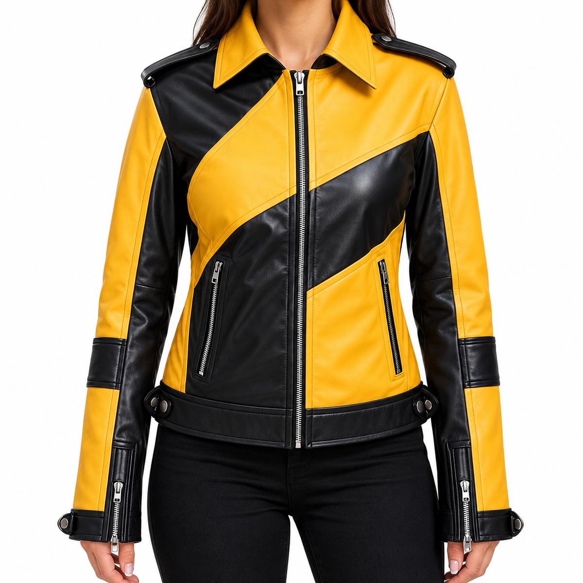 Women’s Yellow and Black Leather Biker Jacket – Bold Colorblock Motorcycle Jacket
