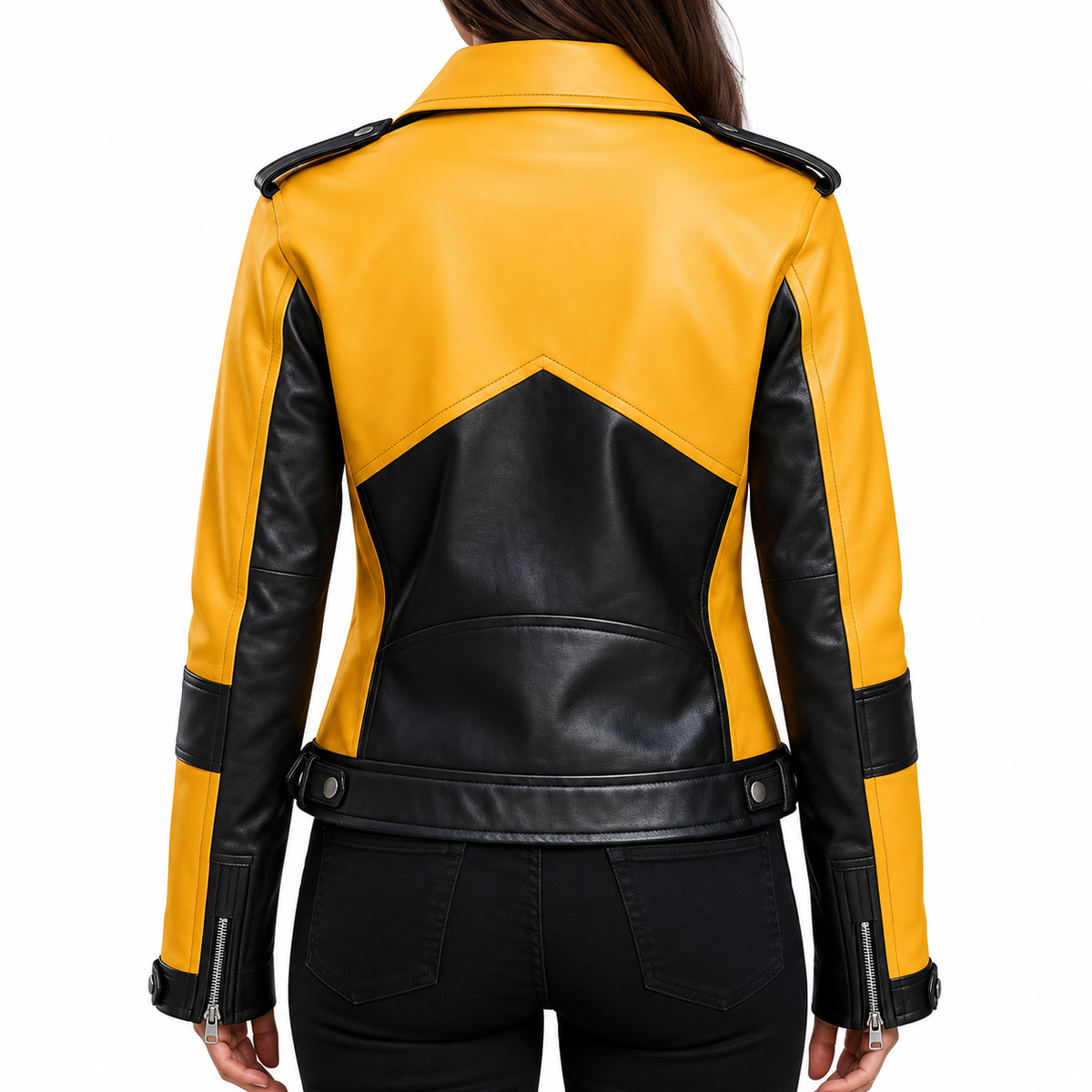 Women’s Yellow and Black Leather Biker Jacket – Bold Colorblock Motorcycle Jacket