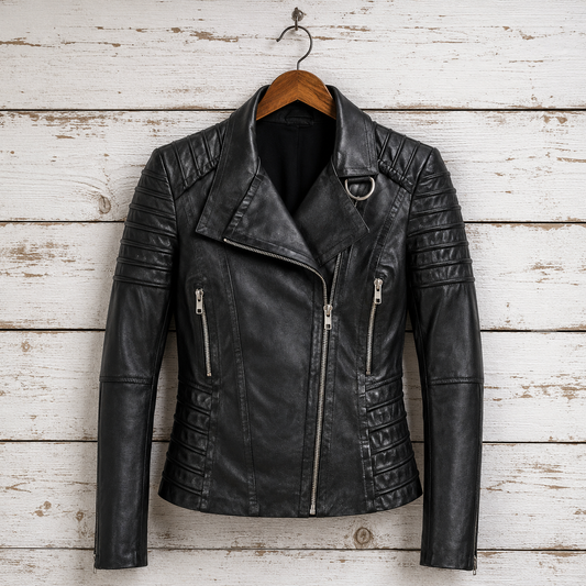 Black leather moto jacket with quilted details, hanging on a wooden hanger 