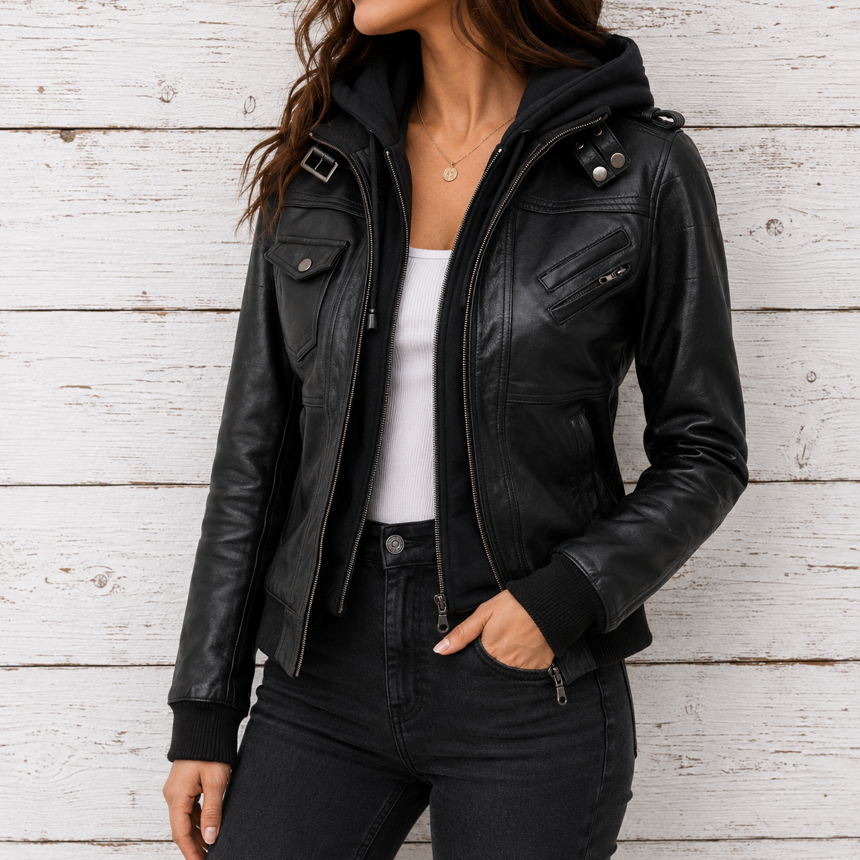 A woman wearing a black leather jacket with a hood, zippered front, and silver hardware, styled with a white tank top and black jeans 