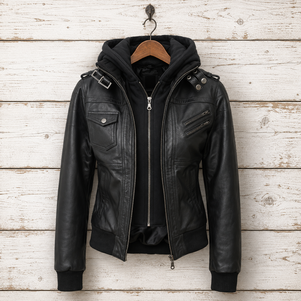 Black leather bomber jacket with an attached black hood, hanging on a wooden hanger 