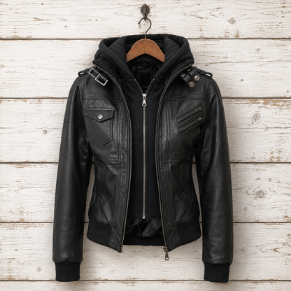 Black leather bomber jacket with an attached black hood, hanging on a wooden hanger 