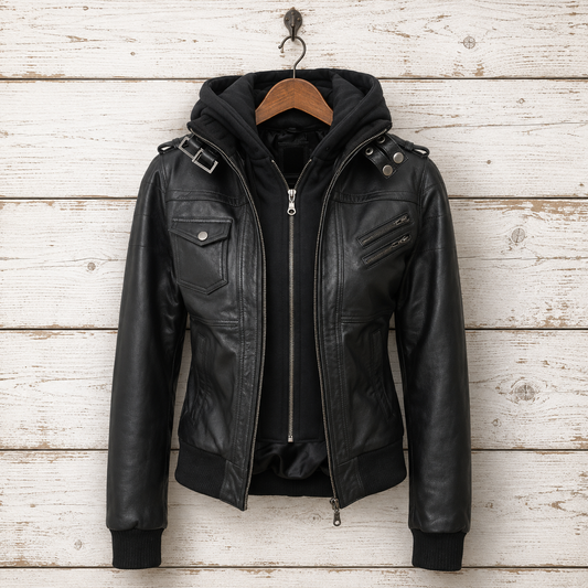 Black leather bomber jacket with an attached black hood, hanging on a wooden hanger 