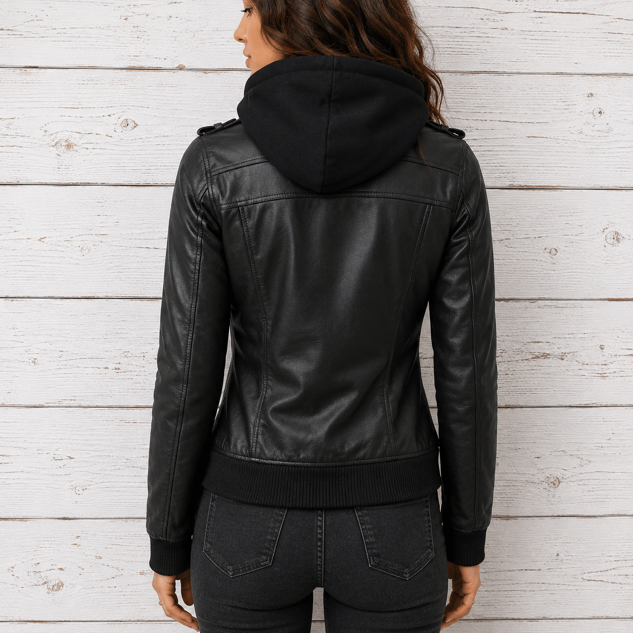 A woman viewed from the back wearing a black leather hooded jacket with ribbed hem and cuffs, paired with dark gray jeans