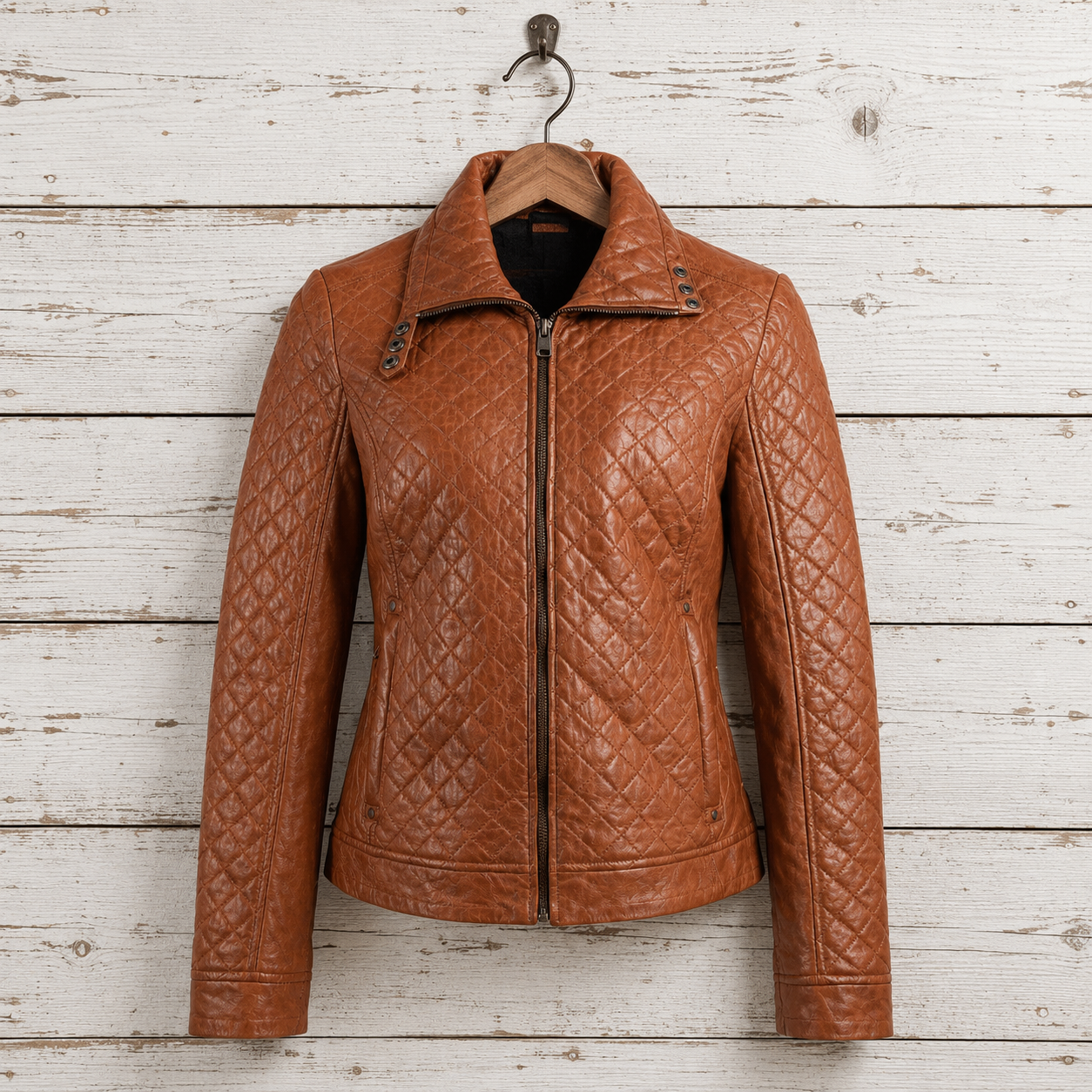 A quilted brown leather jacket with a diamond pattern, hanging on a wooden hanger 
