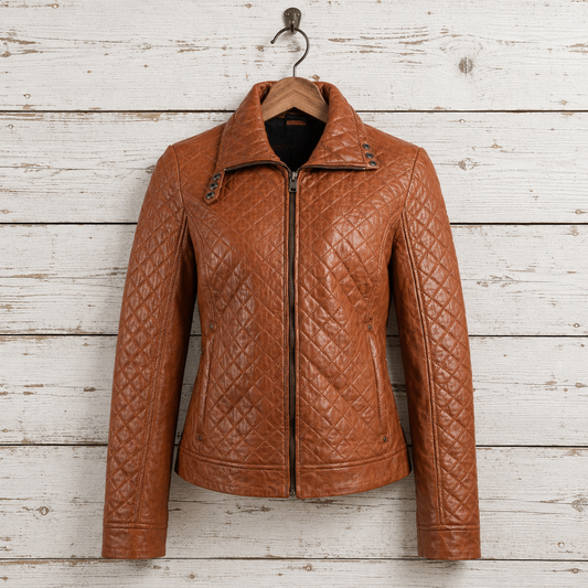 A quilted brown leather jacket with a diamond pattern, hanging on a wooden hanger 