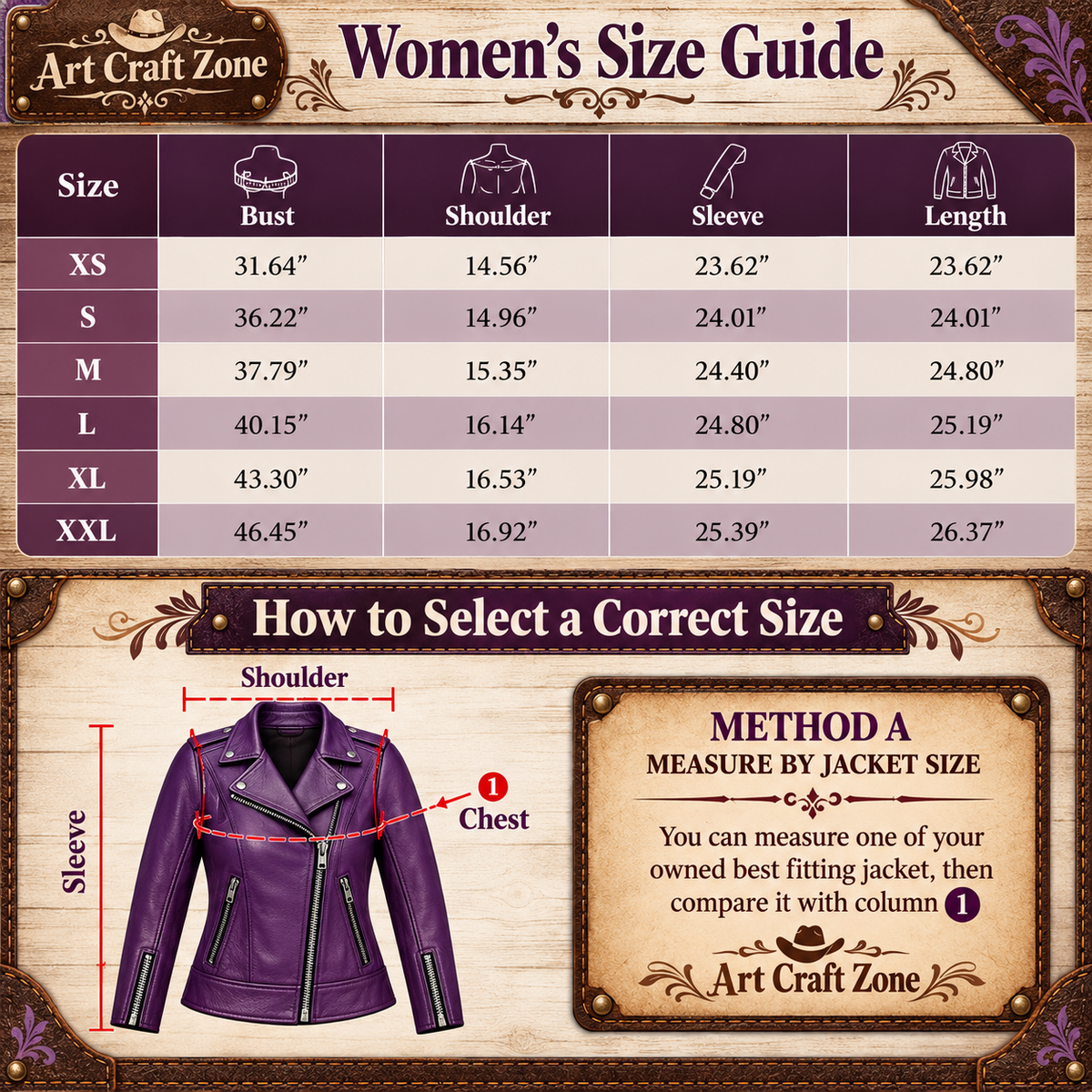 A women's size guide infographic from Art Craft Zone showing a size table from XS to XXL with bust, shoulder, sleeve, and length measurements, plus a diagram of a purple jacket with labeled measurement areas and instructions for selecting a correct size.