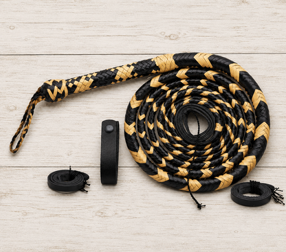 A coiled black and tan woven whip or flogger laid on a light wood plank background, with a black wrist strap and two small black rolled accessories placed beside it.