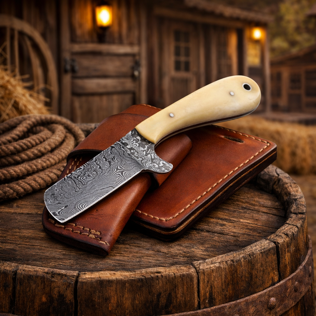 Handcrafted Damascus Bull Cutter 6" Bone Handle with Leather Sheath