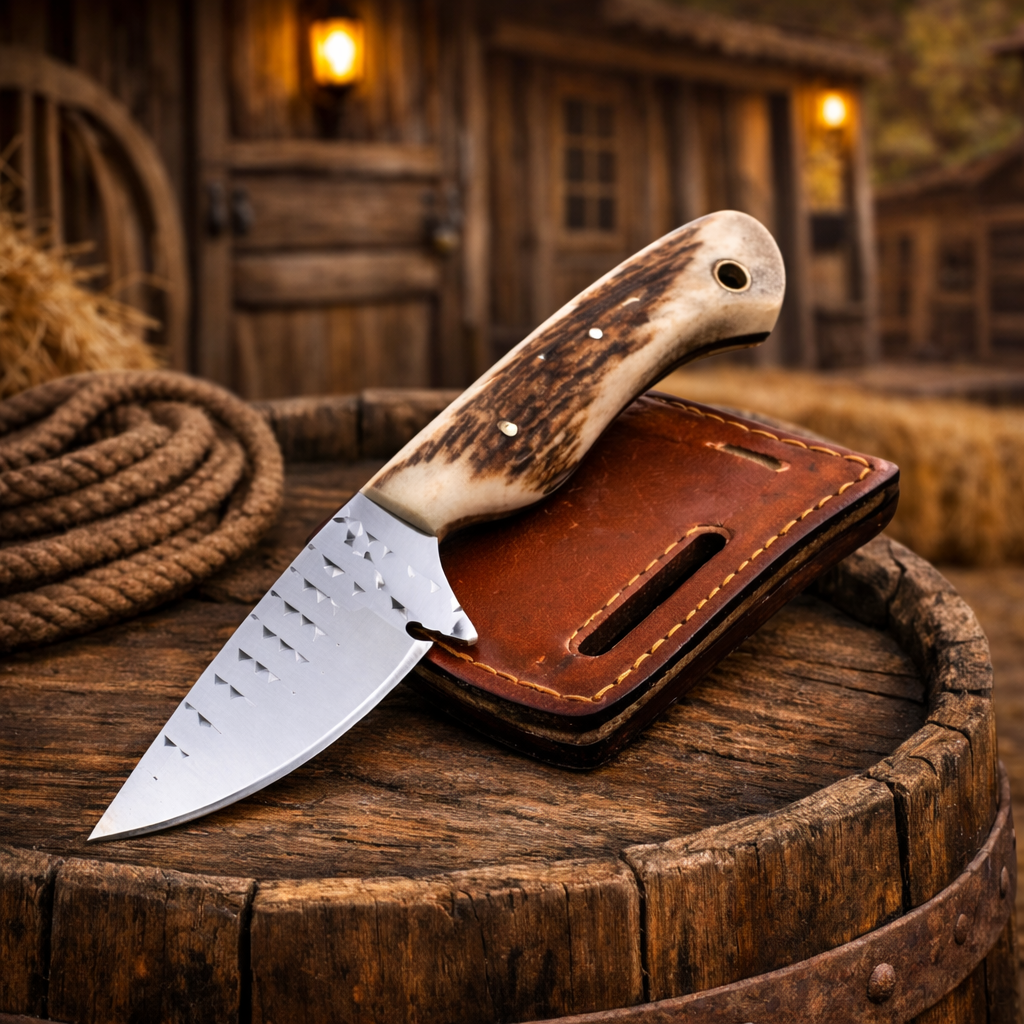 7" Handcrafted Rasp Farrier File Steel Field Tool Antler Handle - Leather Sheath