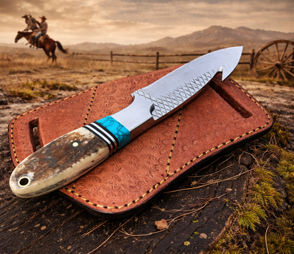 Handcrafted Rasp Farrier File Steel Tool Antler Turquoise Gut Hook with Leather Sheath