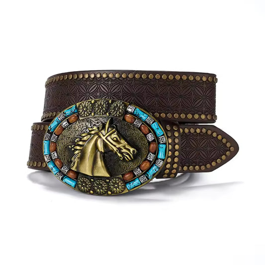 A dark brown embossed leather belt with a large western-style buckle featuring a raised horse head, turquoise blue beads, and brown wooden accents, displayed on a clean white background.