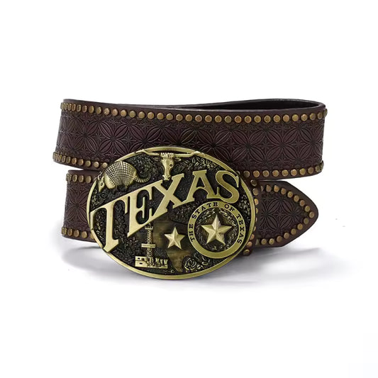 Handcrafted Western Leather Belt with Texas Brass Buckle PU Leather