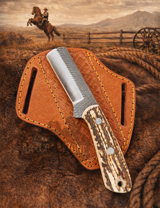 6" Handcrafted Farrier Rasp Steel Rancher Cowboy Tool Antler Handle - Leather Sheath