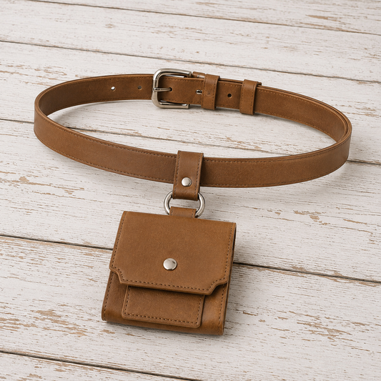A brown leather belt with a silver buckle, featuring a small matching brown leather pouch hanging from a ring