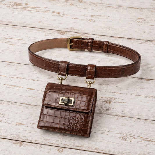 A brown faux-croc leather belt bag featuring a small front pouch with a gold-tone clasp, attached to a matching adjustable belt with a gold buckle