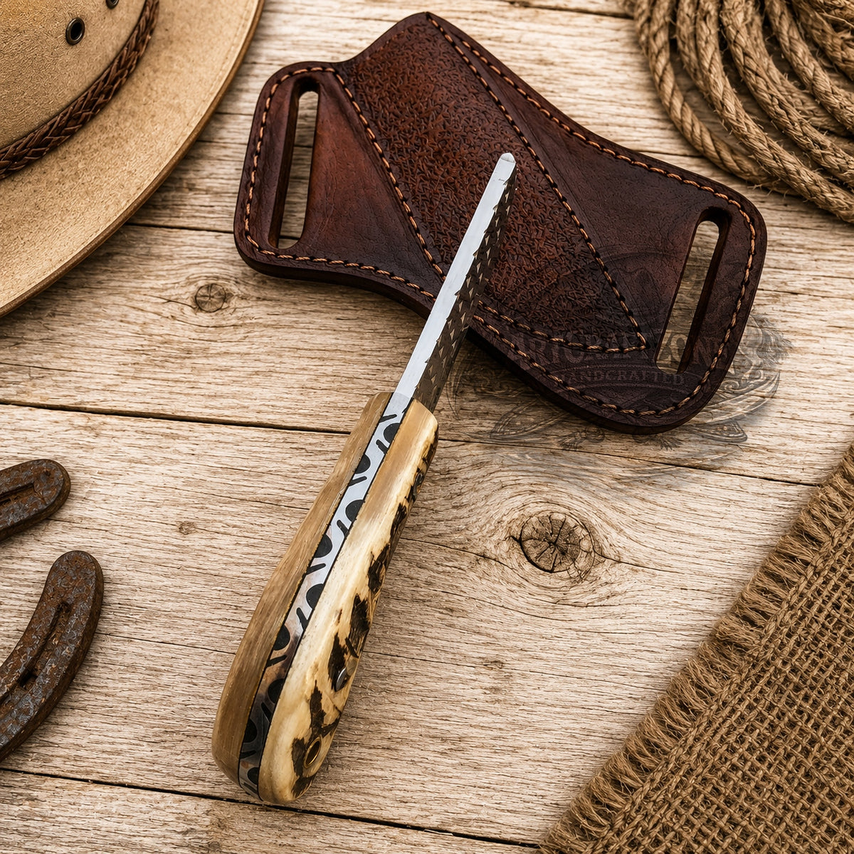 A handcrafted knife with a file steel handle and a dark steel blade rests diagonally on a rustic wooden surface next to its dark brown leather sheath. The scene is styled with western props including a straw hat, rope, and leather burlap.