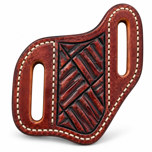 A brown leather belt holster with a textured, tooled center panel and cream-colored contrast stitching, shown on a white background.