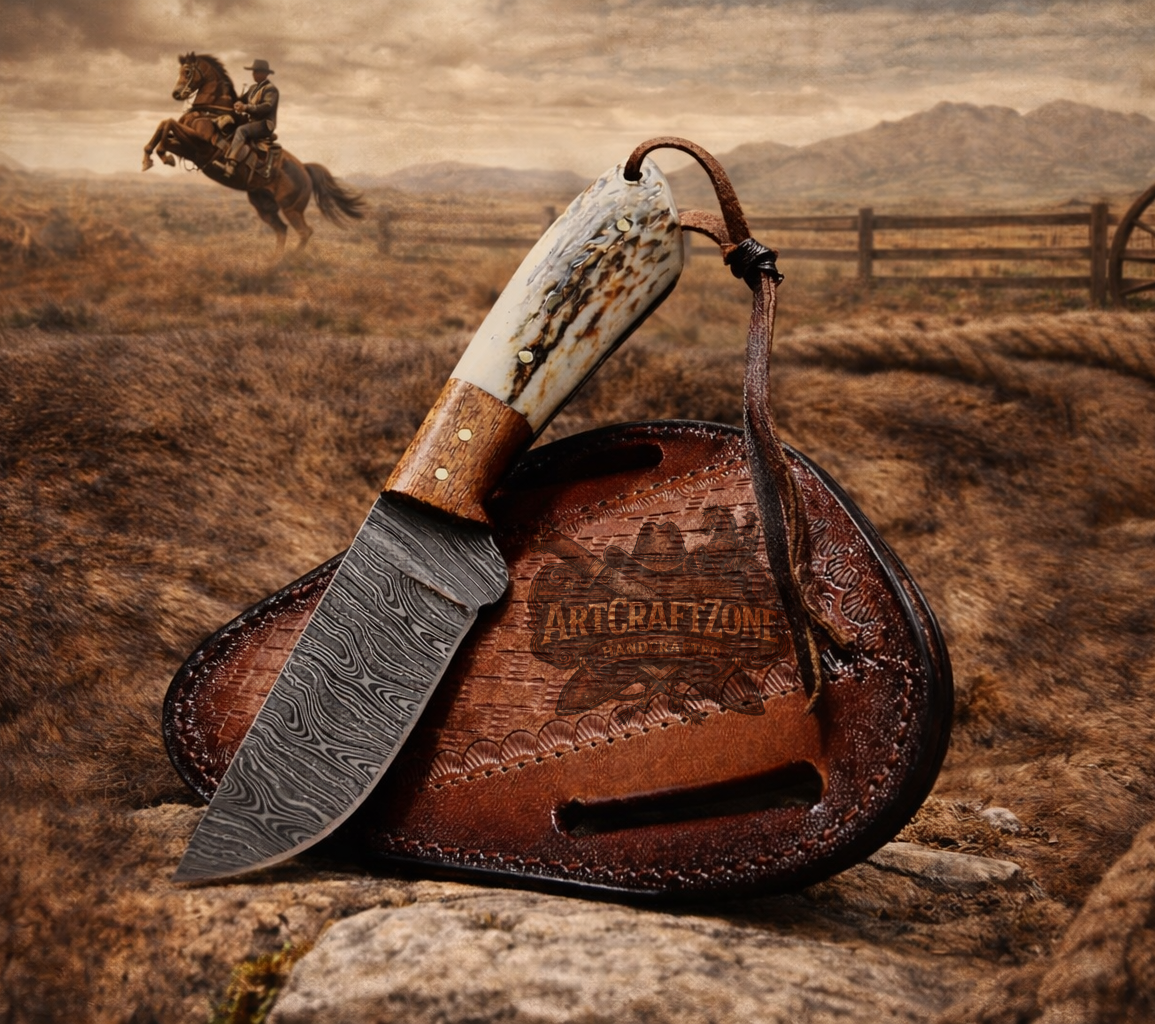 7" Handcrafted Damascus Steel Western Field Tool Ironwood Handle - Leather Sheath
