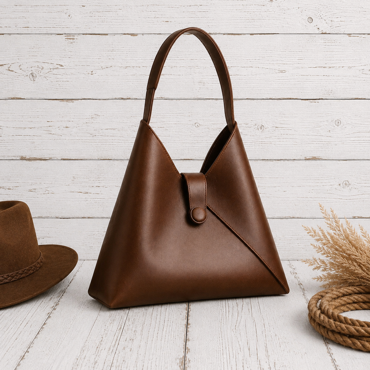 A brown leather hobo-style shoulder bag with a triangular silhouette and a single top handle