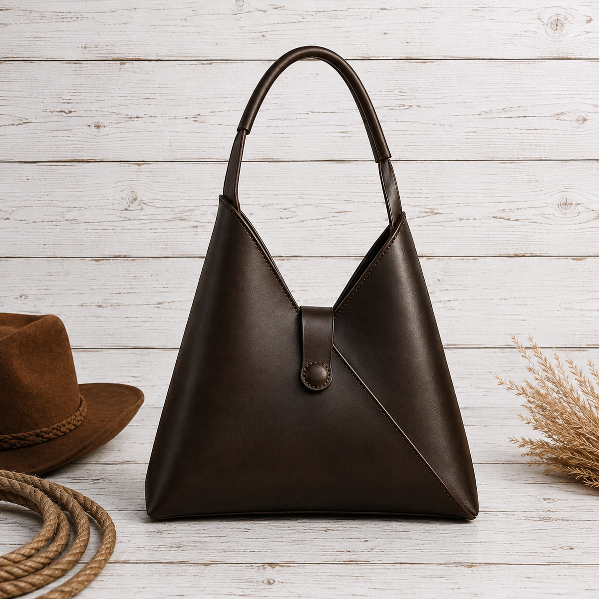A dark brown leather shoulder bag with a slouchy, triangular silhouette and a single top handle