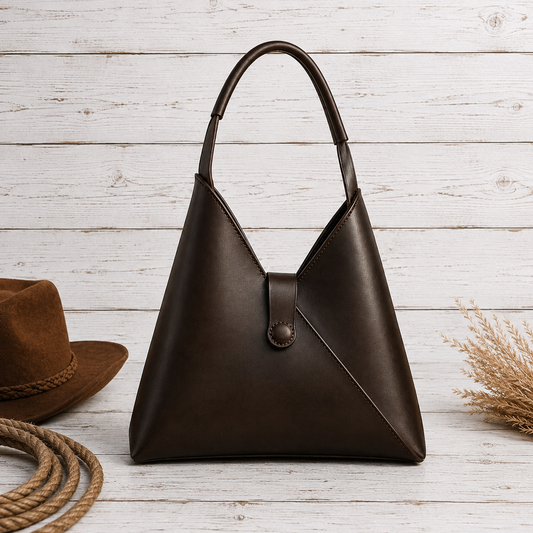 A dark brown leather shoulder bag with a slouchy, triangular silhouette and a single top handle