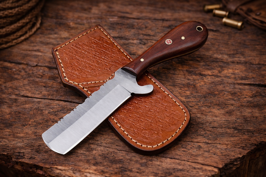 7" Handcrafted Carbon Steel Bull Cutter Wood Handle - Leather Sheath