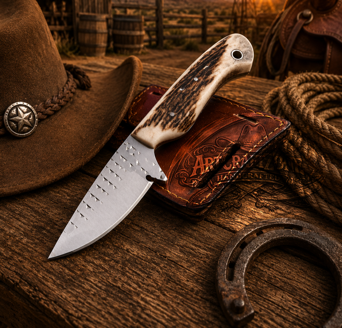 Handcrafted 7" Rasp Farrier File Steel Western Cowboy Cutting Tool Antler With Leather Sheath