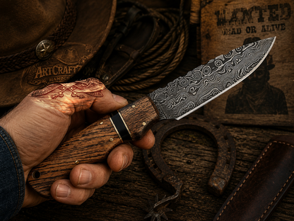 Handcrafted 8" Skinning EDC Premium Damascus Western Cowboy Field Work Tool with Leather Sheath