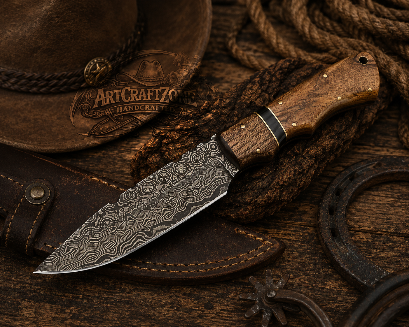 Handcrafted 8" Skinning EDC Premium Damascus Western Cowboy Field Work Tool with Leather Sheath