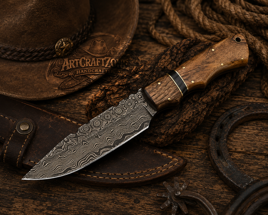 Handcrafted 8" Skinning EDC Premium Damascus Western Cowboy Field Work Tool with Leather Sheath