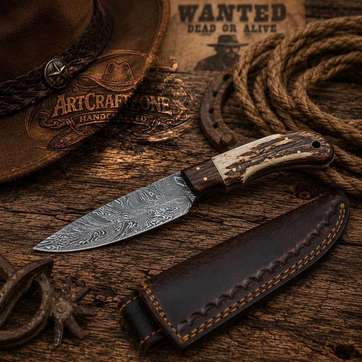 Handcrafted 8" Skinning Premium Damascus Western Cowboy Field Work Tool with Leather Sheath