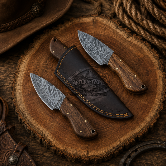 Handcrafted 7" Mini Skinning Premium Damascus Western Cowboy Field Work Tool Gift with Leather Sheath