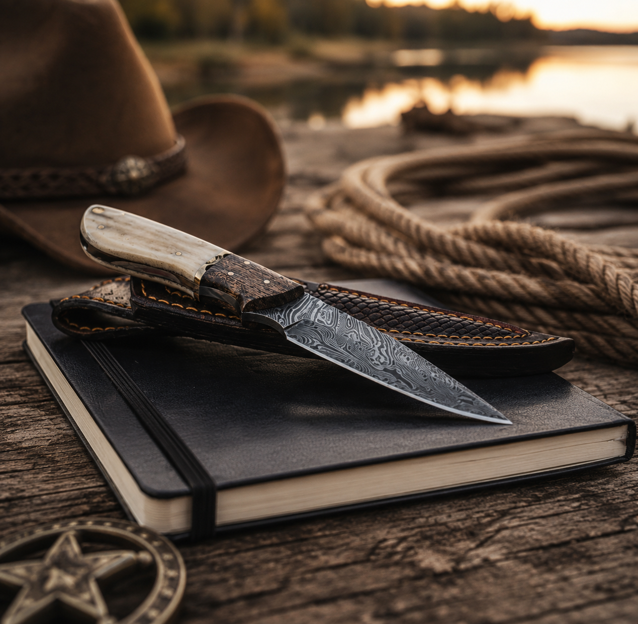 Handcrafted 9" Premium Damascus Western Cowboy Field Work Tool with Leather Sheath