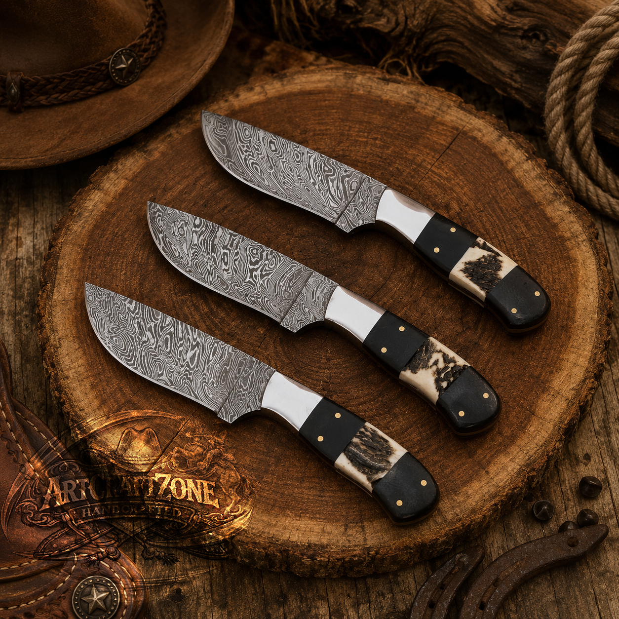 Handcrafted 8" Full Tang Premium Damascus Western Cowboy Field Work Tool with Leather Sheath