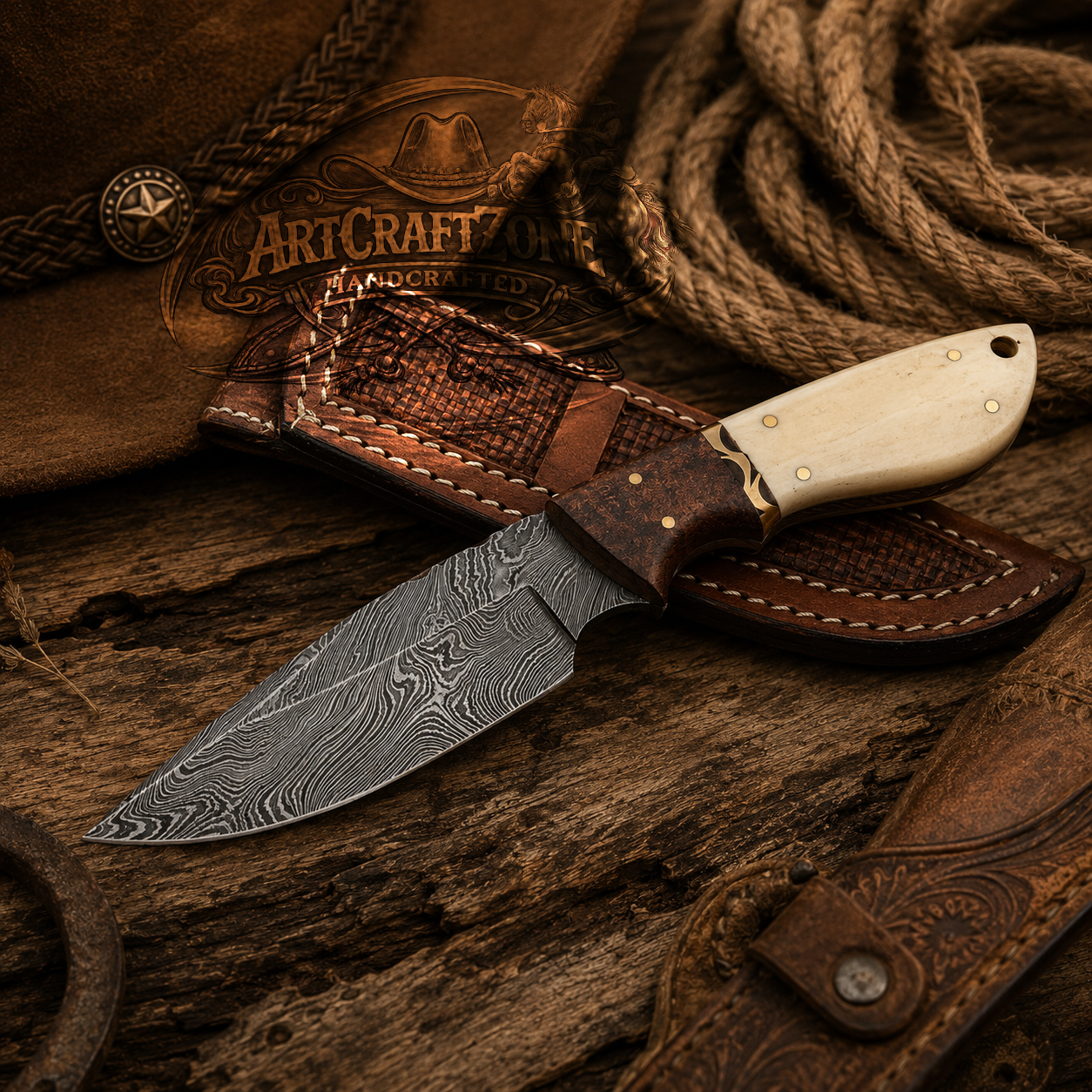 Handcrafted 9" Premium Damascus Western Cowboy Field Work Tool with Leather Sheath