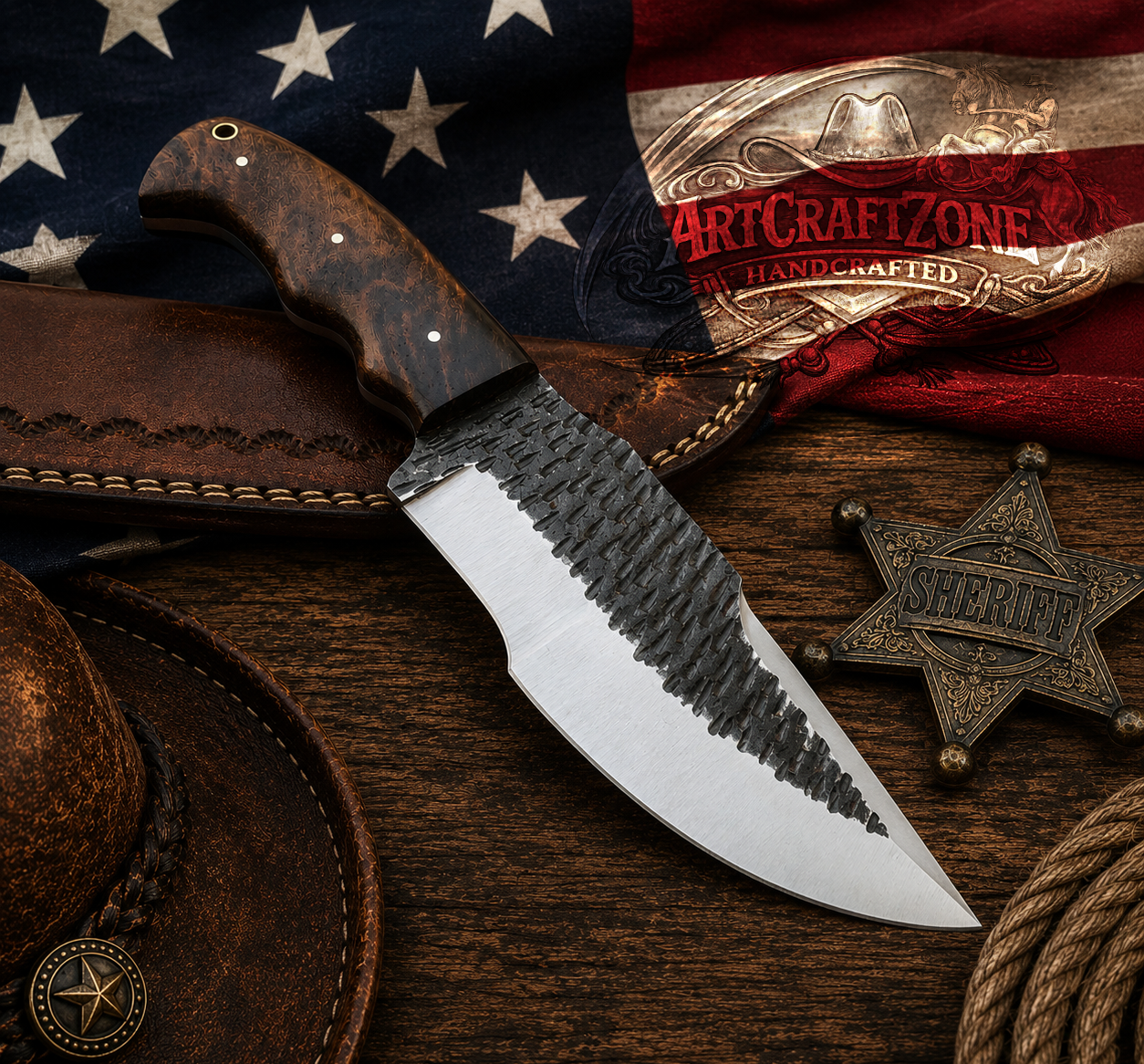 Handcrafted 10" Tracker EDC 1095 High Carbon Steel Western Cowboy Field Work Tool with Leather Sheath