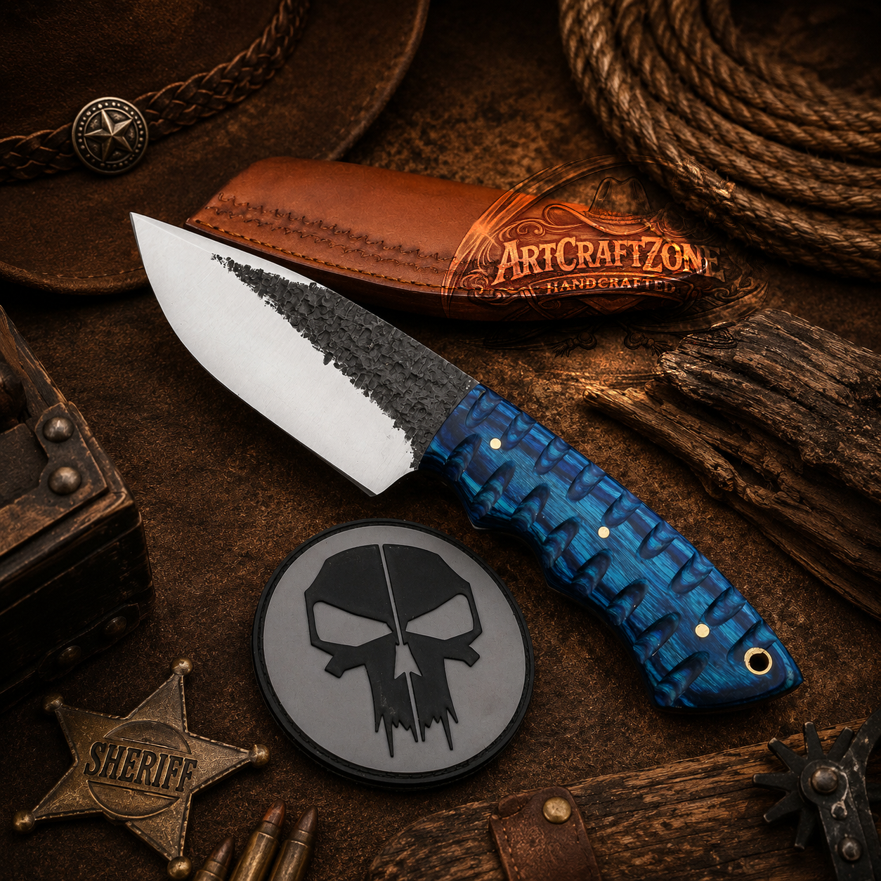 Handcrafted 9" Skinning 1095 High Carbon Steel Western Cowboy Field Work Tool with Leather Sheath