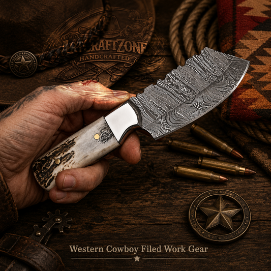 Handcrafted 8" Mini Outdoor Cleaver Premium Damascus Western Cowboy Field Work Tool with Leather Sheath