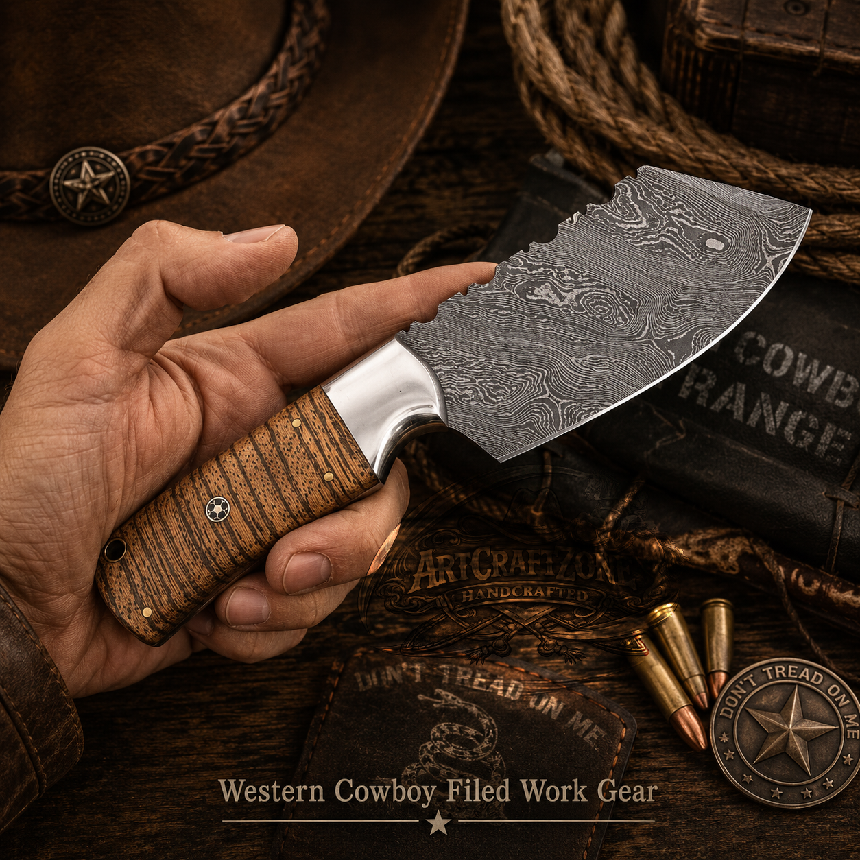 Handcrafted 8" Mini Outdoor Cleaver Premium Damascus Western Cowboy Field Work Tool with Leather Sheath