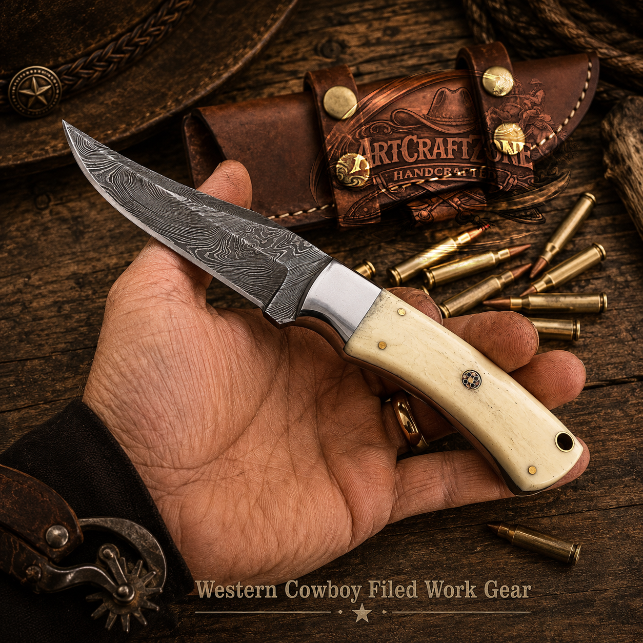 Handcrafted 7" Skinning Premium Damascus Western Cowboy Field Work Tool with Leather Sheath
