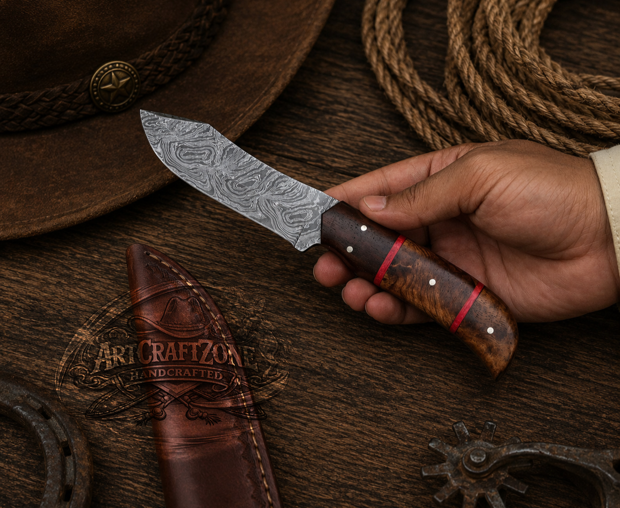 Handcrafted 8" Skinning Premium Damascus Western Cowboy Field Work Tool with Leather Sheath