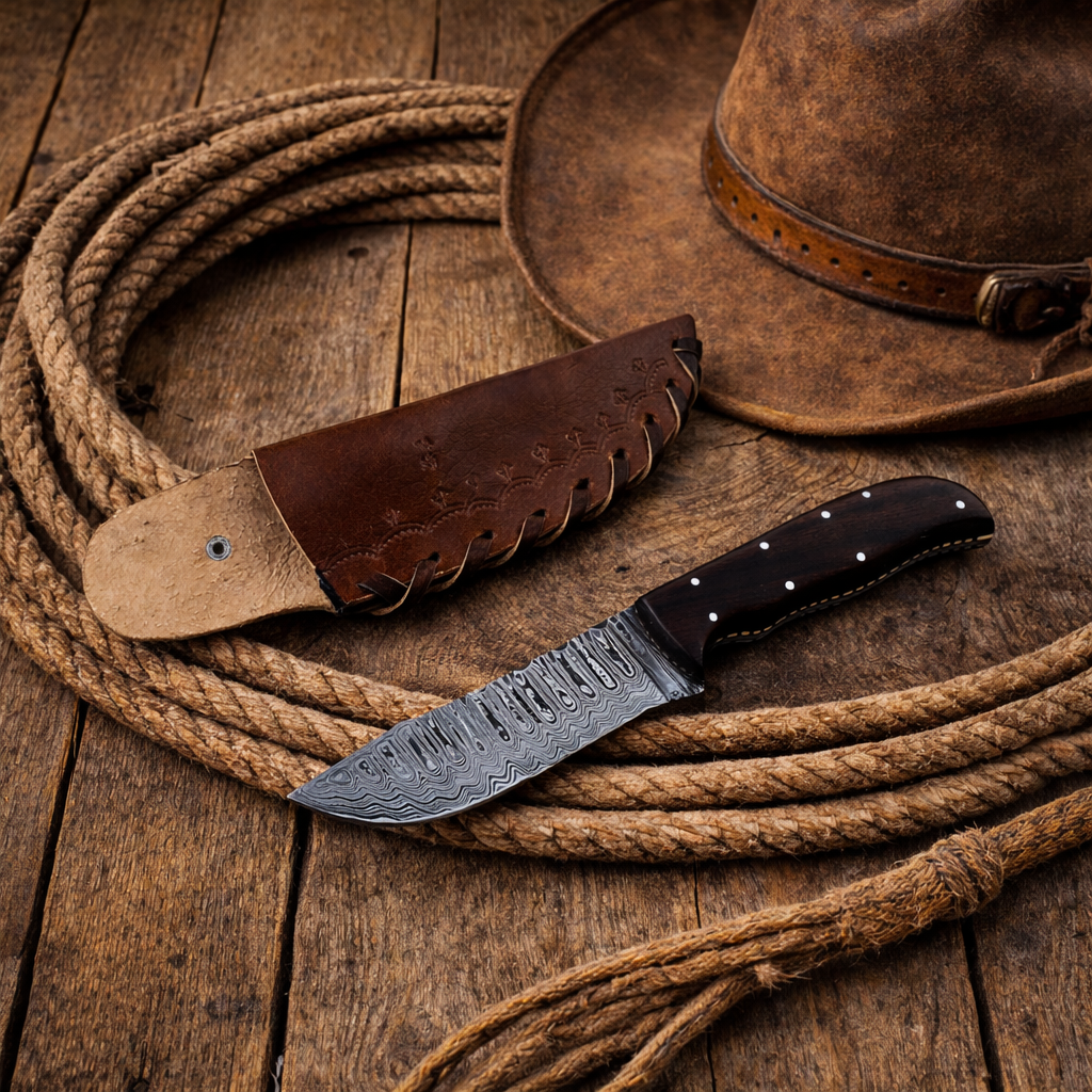 Handcrafted 8" Damascus Steel Field Work Western Cowboy Tool with Leather Sheath