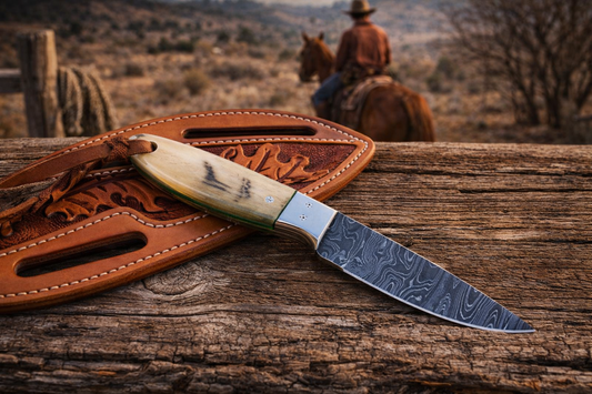 Handcrafted 7" Damascus Steel Field Work Western Cowboy Tool with Leather Sheath